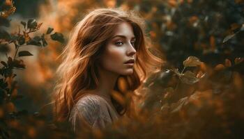 hermosa mujer disfrutando naturaleza otoño elegancia y belleza generado por ai foto