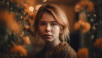 Young woman smiling, looking at camera outdoors generated by AI photo