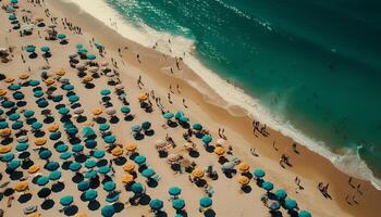 turquesa aguas, concurrido playa, divertido en Dom generado por ai foto