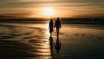 Two people walking on sand, embracing love generated by AI photo