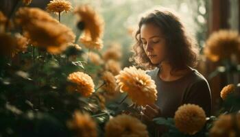 Young woman holding bouquet, enjoying nature beauty generated by AI photo