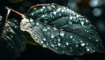 Fresh green leaf with dew drop close up generated by AI photo