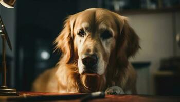 Golden retriever puppy sitting on table indoors generated by AI photo