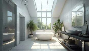 Modern elegance in a luxurious domestic bathroom generated by AI photo