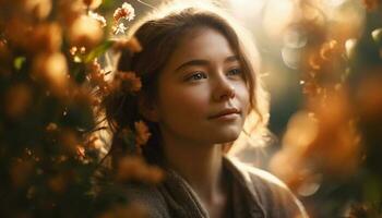 Young woman enjoying nature beauty and freedom generated by AI photo