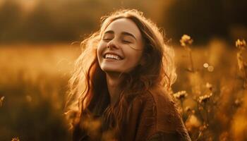 uno mujer disfrutando el belleza en naturaleza generado por ai foto