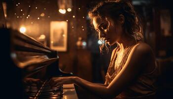 Young woman practicing piano, concentration and joy generated by AI photo