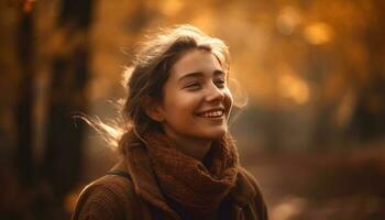 uno mujer sonriente al aire libre en otoño bosque generado por ai foto
