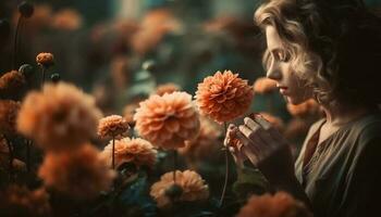 Smiling young woman holds bouquet in nature generated by AI photo