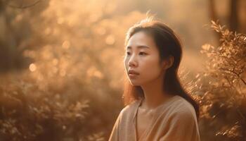 Young woman smiling in serene nature setting generated by AI photo