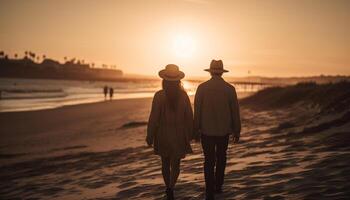 Caucasian couple embraces at sunset on beach generated by AI photo