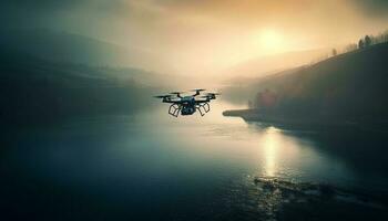 Hovering drone captures stunning sunset over mountain forest generated by AI photo