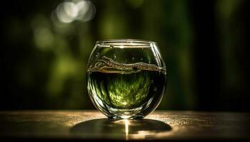 Whiskey glass on wood table, alcohol refreshment generated by AI photo