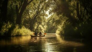 Caucasian fisherman paddles rowboat through tranquil fog generated by AI photo