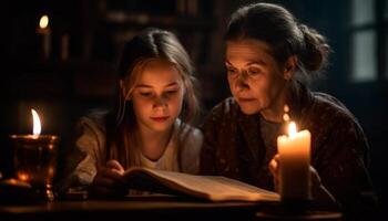 dos muchachas leyendo el Biblia por luz de una vela generado por ai foto