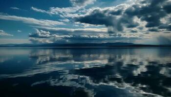 Majestic mountain range reflects in tranquil water generated by AI photo