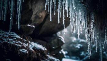 congelado carámbanos colgando en frío invierno paisaje generado por ai foto