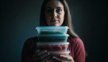 One woman smiling holding fresh fruit bowl generated by AI photo