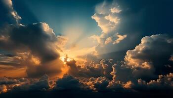 Bright sunbeams illuminate tranquil nature dusk sky generated by AI photo