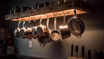 Vintage kitchenware collection hangs on rustic shelf generated by AI photo