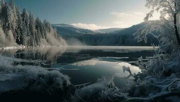 Majestic mountain range reflects tranquil winter beauty generated by AI photo