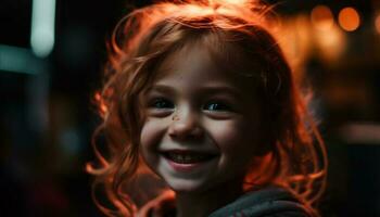 linda niño sonrisas en iluminado oscuridad retrato generado por ai foto