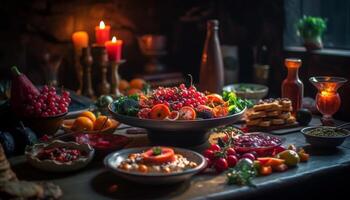 Fresh berry fruit salad on rustic wooden table generated by AI photo