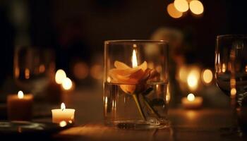 Romantic table set with glowing candlelight elegance generated by AI photo