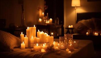 Glowing candle illuminates tranquil bedroom at night generated by AI photo