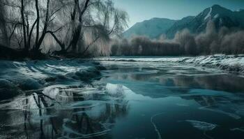 Mountain peak, winter landscape, tranquil scene, frozen beauty generated by AI photo
