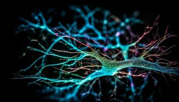 Glowing nerve cells communicate through synaptic connections generated by AI photo