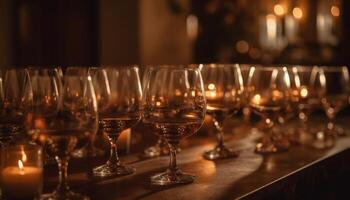 Luxury wineglass reflects elegant celebration in dimly lit bar generated by AI photo