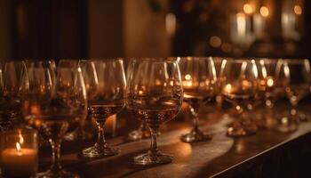 lujo Copa de vino refleja elegante celebracion en tenuemente iluminado bar generado por ai foto