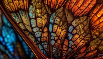 Vibrant autumn leaves pattern on stained glass window generated by AI photo