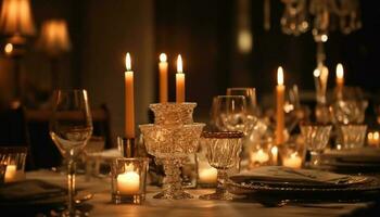 lujo luz de una vela celebracion en elegante comida mesa generado por ai foto