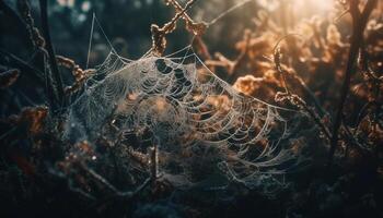 Dew drop on spider web in spooky forest generated by AI photo