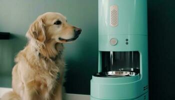 Purebred golden retriever puppy sitting in domestic kitchen generated by AI photo
