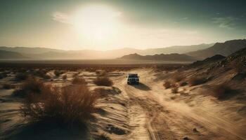 Off road vehicle speeds through dust covered mountain range generated by AI photo