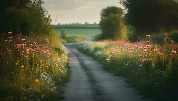 Tranquil meadow ablaze with multicolored wildflowers at sunset generated by AI photo