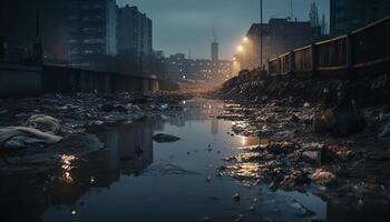 Illuminated skyscrapers reflect on wet city streets generated by AI photo