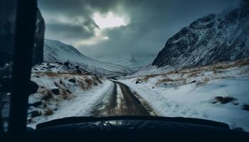 Driving through winter mountains, risky adventure awaits generated by AI photo