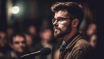 joven adultos rock fuera en etapa a concierto generado por ai foto