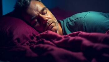 uno cansado hombre descansando pacíficamente en cama generado por ai foto
