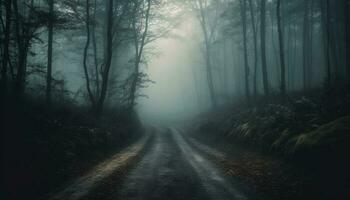 Vanishing point leads to dark, spooky forest generated by AI photo