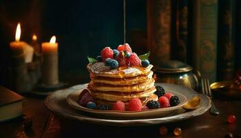 Berry Pancakes with Raspberry and Blueberry Syrup generated by AI photo