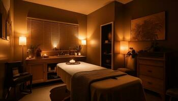 Modern luxury bedroom design, illuminated with electric lamps generated by AI photo