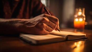 caucásico hombre estudiando literatura por vela fuego generado por ai foto