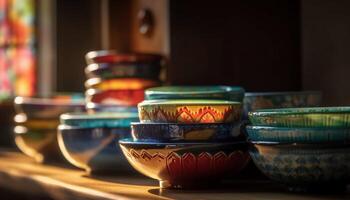 Multi colored earthenware bowl with ornate indigenous pattern generated by AI photo