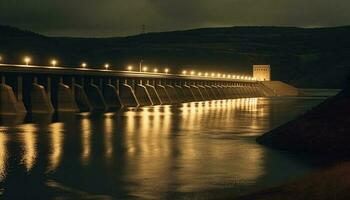 hidroeléctrico poder estación ilumina montaña paisaje a oscuridad generado por ai foto