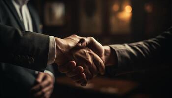 Businessmen in suits seal agreement with handshake generated by AI photo